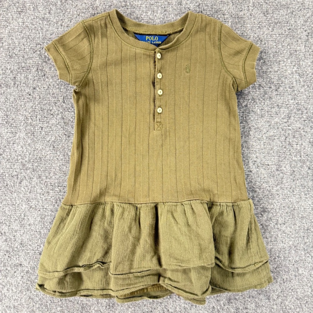 Polo Ralph Lauren Girls 4T Olive Green Cotton Ribbed Henley Ruffle Dress